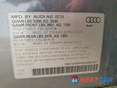 Zdjęcie 13 z 13 samochodu: 2013 AUDI Q5 PREMIUM PLUS VIN:WA1LFAFPXDA065387 - miniatura
