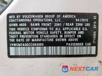 Zdjęcie 12 z 12 samochodu: 2012 VOLKSWAGEN PASSAT SEL VIN:1VWCM7A35CC083850 - miniatura