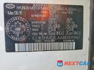 Zdjęcie 14 z 14 samochodu: 2019 HYUNDAI SANTA FE SEL VIN:5NMS3CAA8KH099467 - miniatura