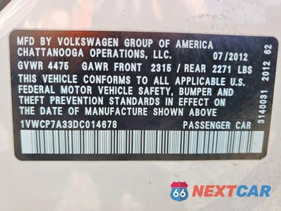 Zdjęcie 13 z 13 samochodu: 2013 VOLKSWAGEN PASSAT SEL VIN:1VWCP7A33DC014678 - miniatura