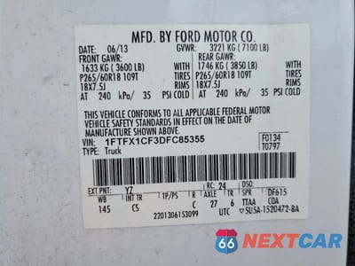 Zdjęcie 12 z 12 samochodu: 2013 FORD F150 SUPER CAB VIN:1FTFX1CF3DFC85355 - miniatura
