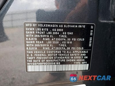 Zdjęcie 12 z 12 samochodu: 2013 VOLKSWAGEN TOUAREG V6 VIN:WVGEF9BP9DD006165 - miniatura