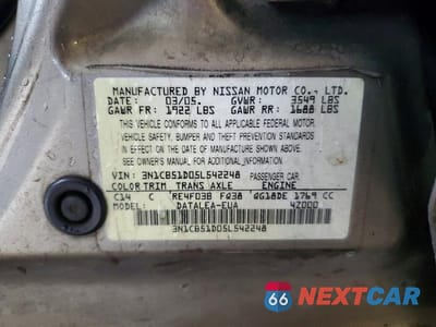 Zdjęcie 12 z 12 samochodu: 2005 NISSAN SENTRA 1.8 VIN:3N1CB51D05L542248 - miniatura
