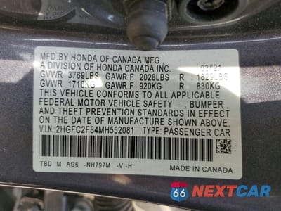 Zdjęcie 12 z 12 samochodu: 2021 HONDA CIVIC SPORT VIN:2HGFC2F84MH552081 - miniatura