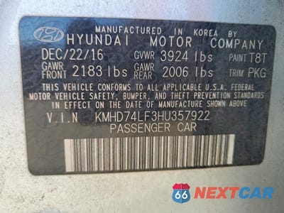 Zdjęcie 12 z 12 samochodu: 2017 HYUNDAI ELANTRA SE VIN:KMHD74LF3HU357922 - miniatura