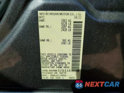 Zdjęcie 12 z 12 samochodu: 2022 NISSAN ALTIMA SV VIN:1N4BL4DV4NN370316 - miniatura