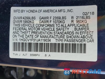 Zdjęcie 12 z 12 samochodu: 2018 HONDA ACCORD EXL VIN:1HGCV1F51JA119034 - miniatura