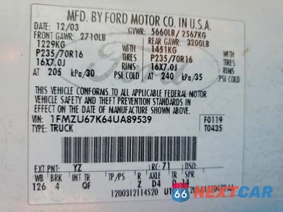 Zdjęcie 13 z 13 samochodu: 2004 FORD XLS VIN:1FMZU67K64UA89539 - miniatura
