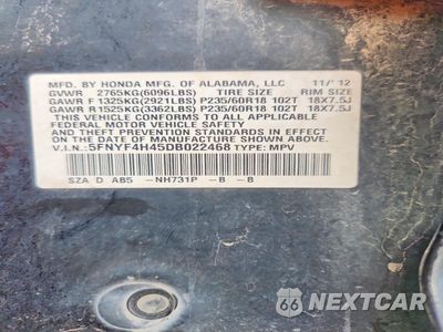 Zdjęcie 13 z 13 samochodu: 2013 HONDA PILOT EX VIN:5FNYF4H45DB022468 - miniatura