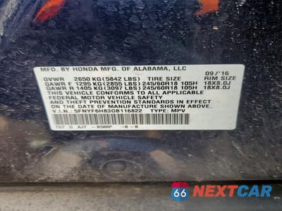 Zdjęcie 13 z 13 samochodu: 2016 HONDA PILOT EXL VIN:5FNYF6H83GB116822 - miniatura