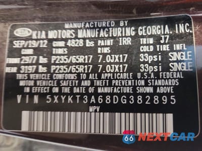Zdjęcie 12 z 12 samochodu: 2013 KIA SORENTO LX VIN:5XYKT3A68DG382895 - miniatura
