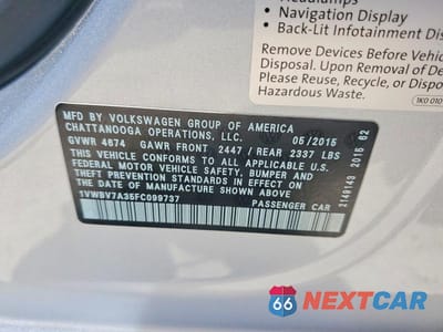 Zdjęcie 13 z 13 samochodu: 2015 VOLKSWAGEN PASSAT SE VIN:1VWBV7A35FC099737 - miniatura