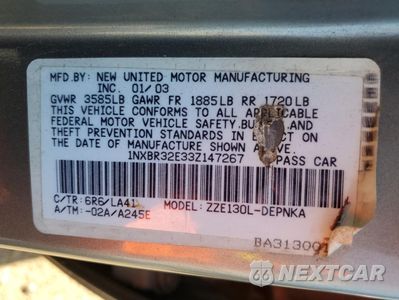 Zdjęcie 12 z 12 samochodu: 2003 TOYOTA COROLLA CE VIN:1NXBR32E33Z147267 - miniatura