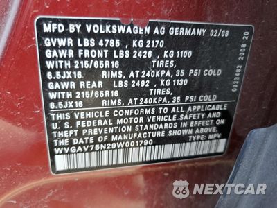 Zdjęcie 13 z 13 samochodu: 2009 VOLKSWAGEN TIGUAN S VIN:WVGAV75N29W001790 - miniatura