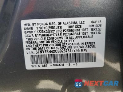 Zdjęcie 13 z 13 samochodu: 2012 HONDA PILOT EX VIN:5FNYF3H4XCB028761 - miniatura