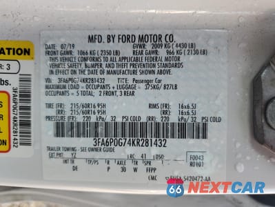 Zdjęcie 12 z 13 samochodu: 2019 FORD FUSION S VIN:3FA6P0G74KR281432 - miniatura