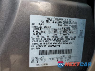 Zdjęcie 13 z 13 samochodu: 2004 MAZDA TRIBUTE ES VIN:4F2CZ96154KM28776 - miniatura