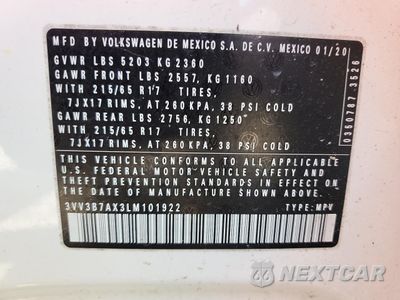 Zdjęcie 13 z 14 samochodu: 2020 VOLKSWAGEN TIGUAN SE VIN:3VV3B7AX3LM101922 - miniatura