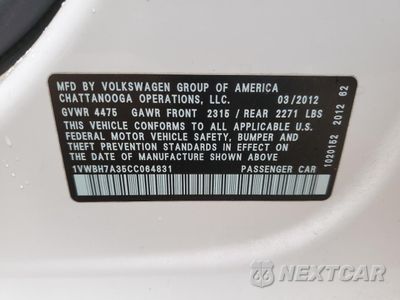 Zdjęcie 12 z 14 samochodu: 2012 VOLKSWAGEN PASSAT SE VIN:1VWBH7A35CC064831 - miniatura