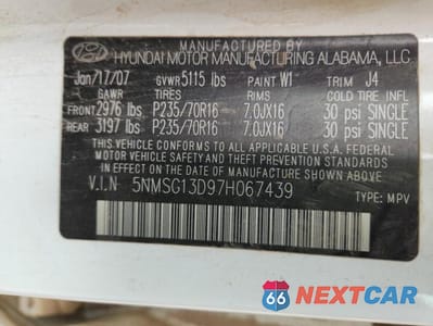 Zdjęcie 13 z 13 samochodu: 2007 HYUNDAI SANTA FE GLS VIN:5NMSG13D97H067439 - miniatura