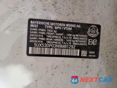 Zdjęcie 12 z 12 samochodu: 2022 BMW X3 XDRIVE30I VIN:5UX53DP03N9M81292 - miniatura