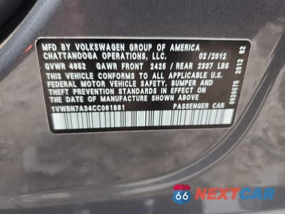 Zdjęcie 12 z 12 samochodu: 2012 VOLKSWAGEN PASSAT SE VIN:1VWBN7A34CC061881 - miniatura