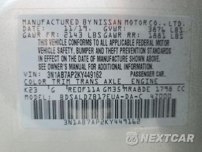 Zdjęcie 13 z 13 samochodu: 2019 NISSAN SENTRA S VIN:3N1AB7AP2KY449162 - miniatura