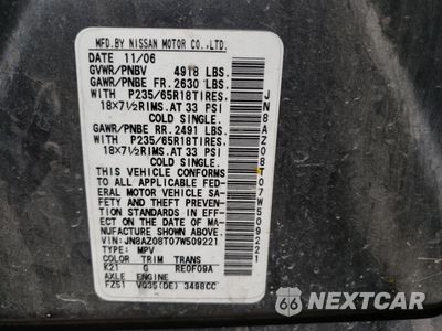 Zdjęcie 13 z 13 samochodu: 2007 NISSAN MURANO SL VIN:JN8AZ08T07W509221 - miniatura