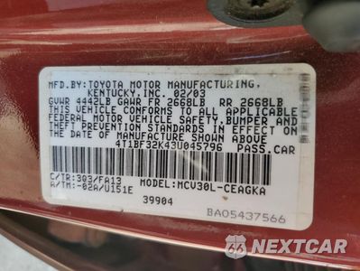 Zdjęcie 12 z 14 samochodu: 2003 TOYOTA CAMRY LE VIN:4T1BF32K43U045796 - miniatura