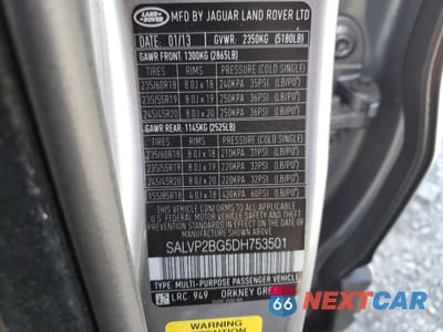 Zdjęcie 13 z 13 samochodu: 2013 LAND ROVER RANGE ROVER EVOQUE PURE PLUS VIN:SALVP2BG5DH753501 - miniatura