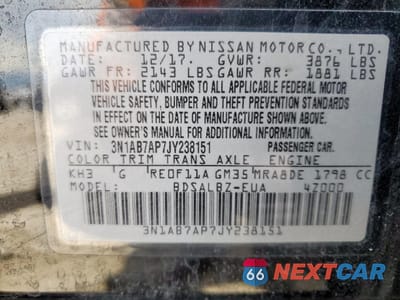 Zdjęcie 13 z 14 samochodu: 2018 NISSAN SENTRA S VIN:3N1AB7AP7JY238151 - miniatura