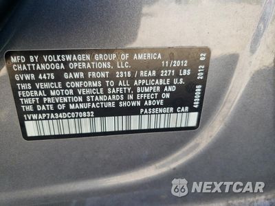 Zdjęcie 12 z 14 samochodu: 2013 VOLKSWAGEN PASSAT S VIN:1VWAP7A34DC070832 - miniatura