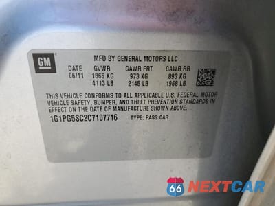 Zdjęcie 12 z 12 samochodu: 2012 CHEVROLET CRUZE LT VIN:1G1PG5SC2C7107716 - miniatura