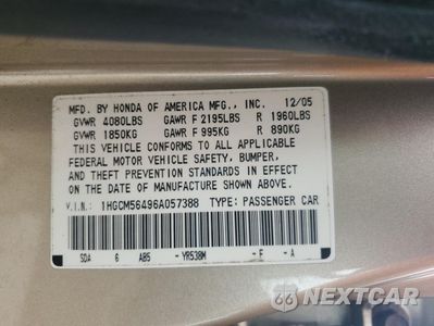 Zdjęcie 12 z 12 samochodu: 2006 HONDA ACCORD LX VIN:1HGCM56496A057388 - miniatura