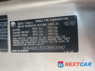 Zdjęcie 12 z 14 samochodu: 1988 BMW 325 I AUTOMATIC VIN:WBABB2304J8855987 - miniatura