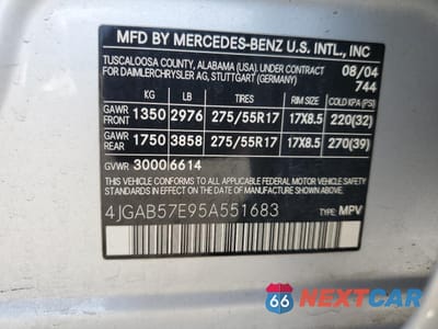 Zdjęcie 13 z 13 samochodu: 2005 MERCEDES-BENZ ML 350 VIN:4JGAB57E95A551683 - miniatura