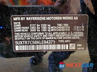 Zdjęcie 12 z 12 samochodu: 2019 BMW X3 SDRIVE30I VIN:5UXTR7C56KLE94371 - miniatura