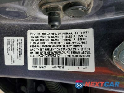 Zdjęcie 12 z 12 samochodu: 2021 HONDA INSIGHT EX VIN:19XZE4F55ME009163 - miniatura