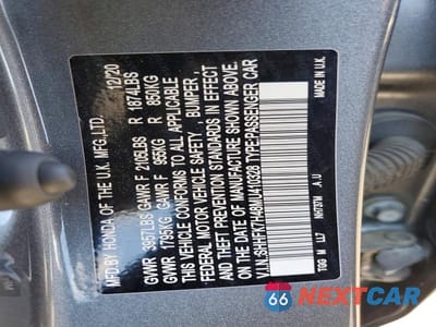 Zdjęcie 12 z 12 samochodu: 2021 HONDA CIVIC SPORT VIN:SHHFK7H48MU410328 - miniatura