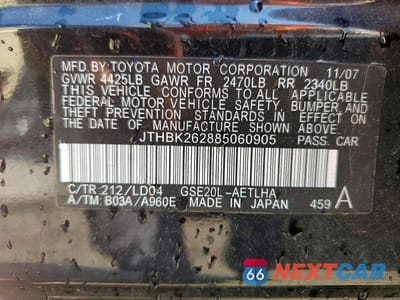 Zdjęcie 12 z 12 samochodu: 2008 LEXUS IS 250 VIN:JTHBK262885060905 - miniatura