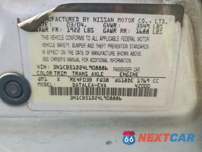 Zdjęcie 12 z 12 samochodu: 2004 NISSAN SENTRA 1.8 VIN:3N1CB51D24L908886 - miniatura