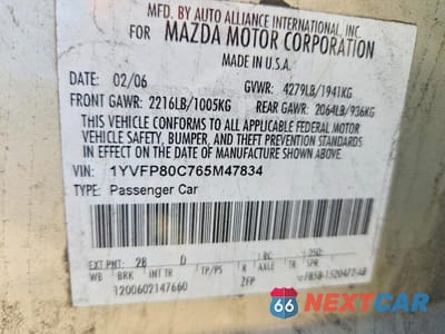 Zdjęcie 12 z 12 samochodu: 2006 MAZDA 6 I VIN:1YVFP80C765M47834 - miniatura