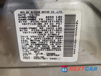 Zdjęcie 13 z 13 samochodu: 2004 NISSAN MURANO SL VIN:JN8AZ08T14W207996 - miniatura