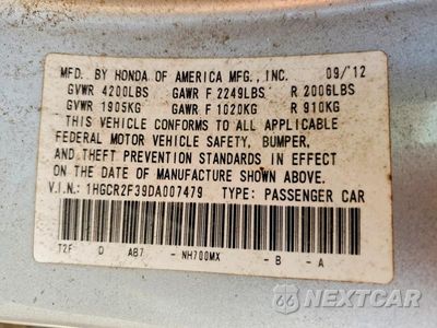 Zdjęcie 12 z 12 samochodu: 2013 HONDA ACCORD LX VIN:1HGCR2F39DA007479 - miniatura