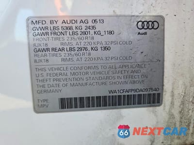 Zdjęcie 12 z 12 samochodu: 2013 AUDI Q5 PREMIUM VIN:WA1CFAFP9DA097540 - miniatura
