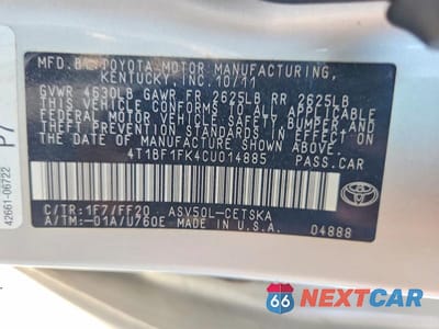 Zdjęcie 12 z 12 samochodu: 2012 TOYOTA CAMRY SE VIN:4T1BF1FK4CU014885 - miniatura