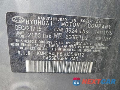 Zdjęcie 12 z 12 samochodu: 2017 HYUNDAI ELANTRA LIMITED VIN:KMHD84LF6HU358012 - miniatura