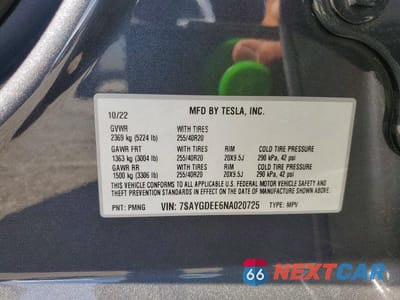Zdjęcie 12 z 12 samochodu: 2022 TESLA MODEL Y VIN:7SAYGDEE6NA020725 - miniatura