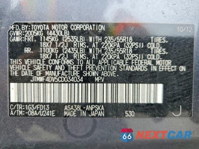 Zdjęcie 13 z 13 samochodu: 2012 TOYOTA RAV4 SPORT VIN:JTMWF4DV5CD034034 - miniatura