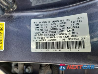 Zdjęcie 12 z 12 samochodu: 2013 HONDA ACCORD EX VIN:1HGCR2F78DA214996 - miniatura
